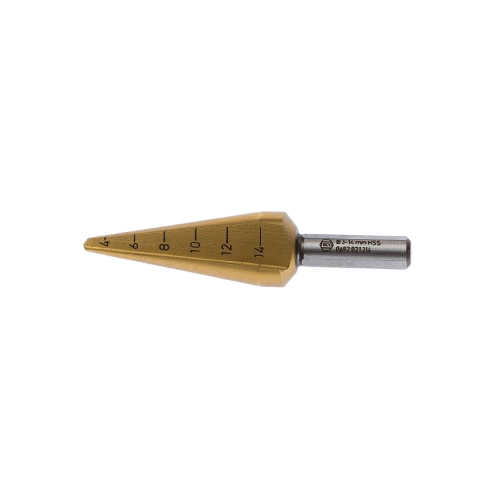 Prüflochblechschälbohrer
3-14mm, TIN- beschichtet
