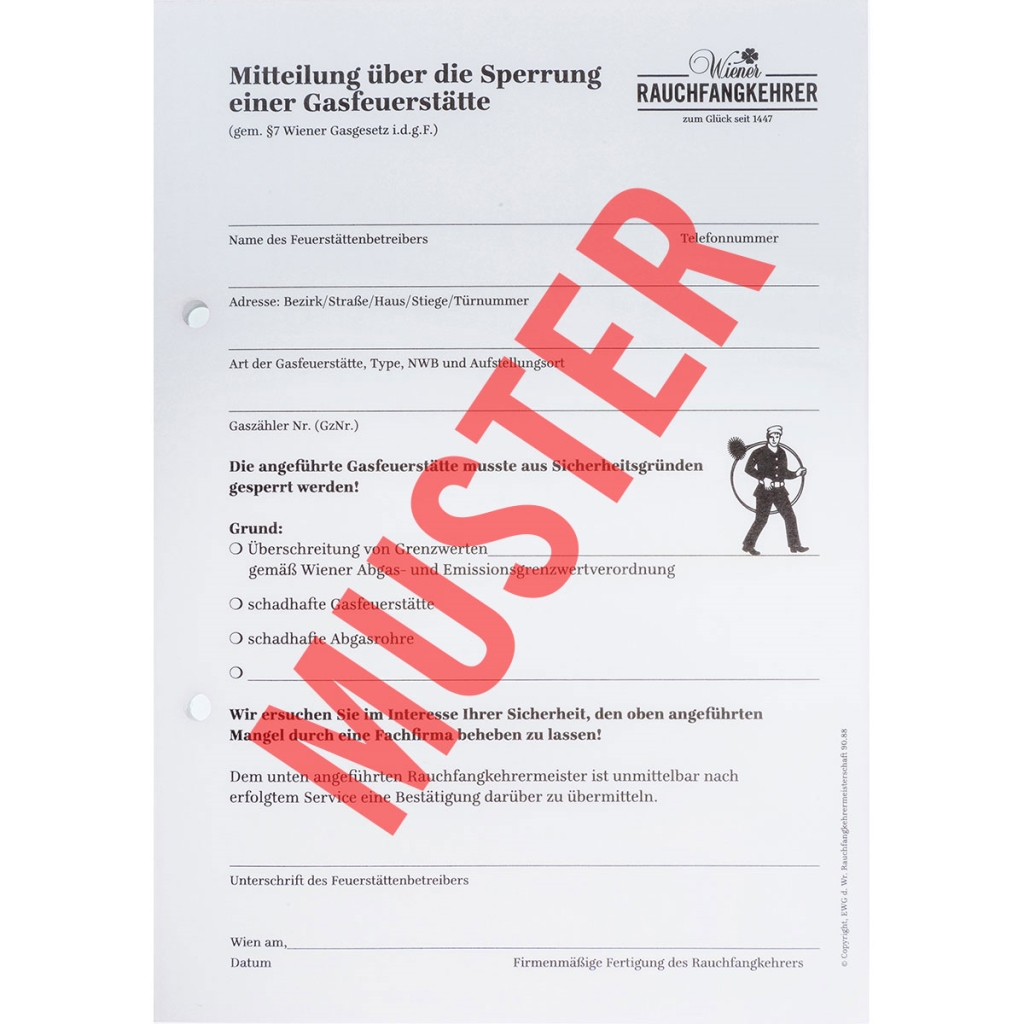 Mitteilung über die Sperrung einer Gas-Feuerstätte-B2a / 60 Blatt